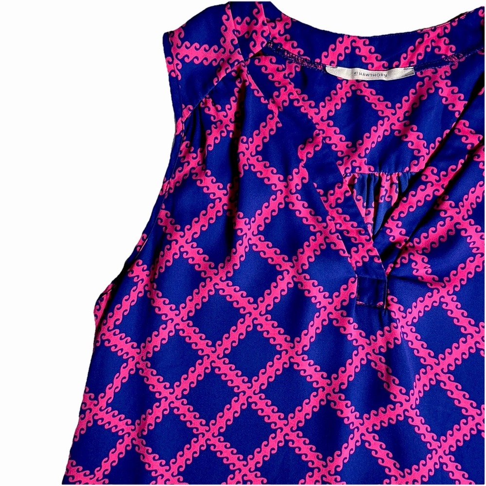 41 Hawthorn Pink and Blue Sleeveless Geometric Tie-Neck Blouse